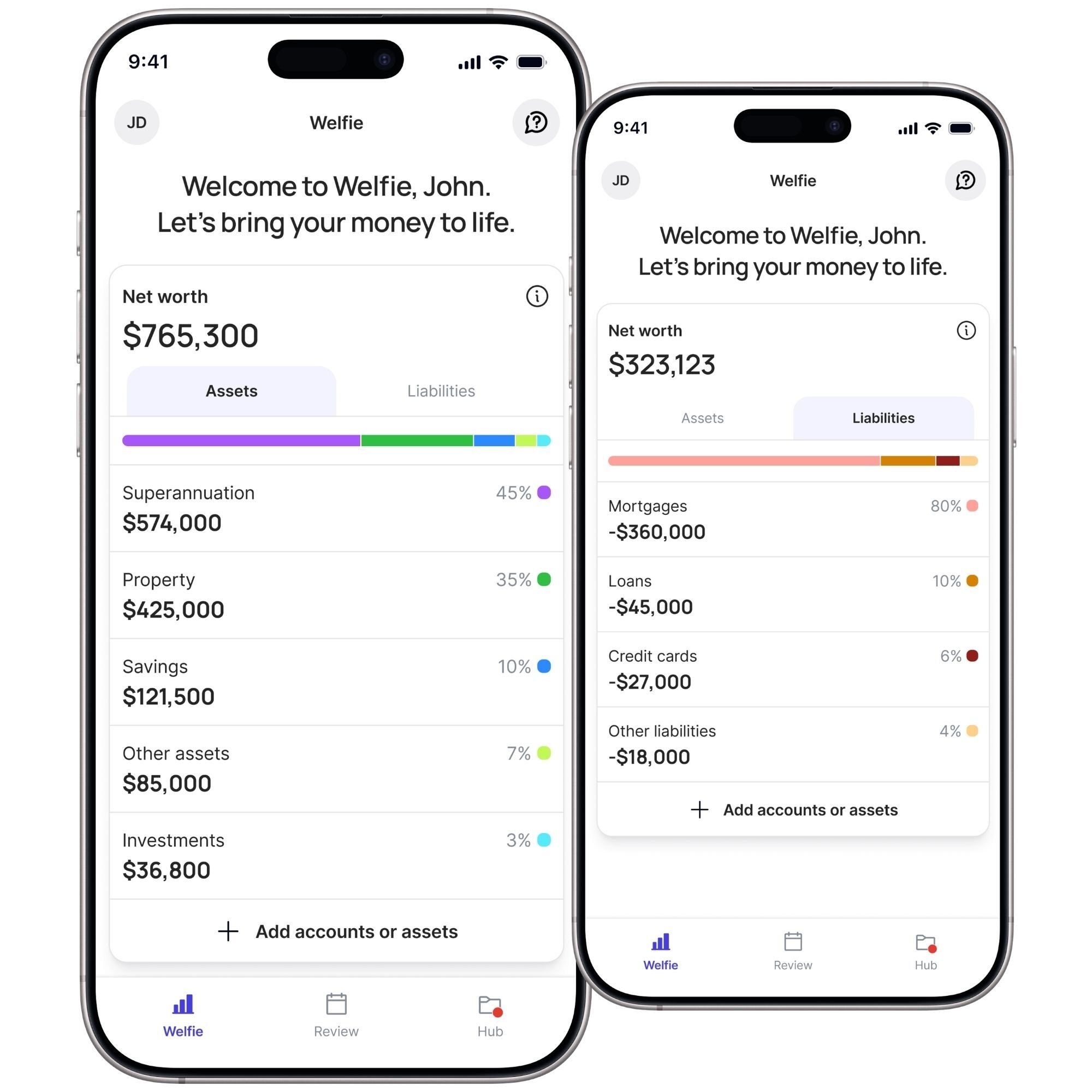 Welfie App screen liabilities and assets