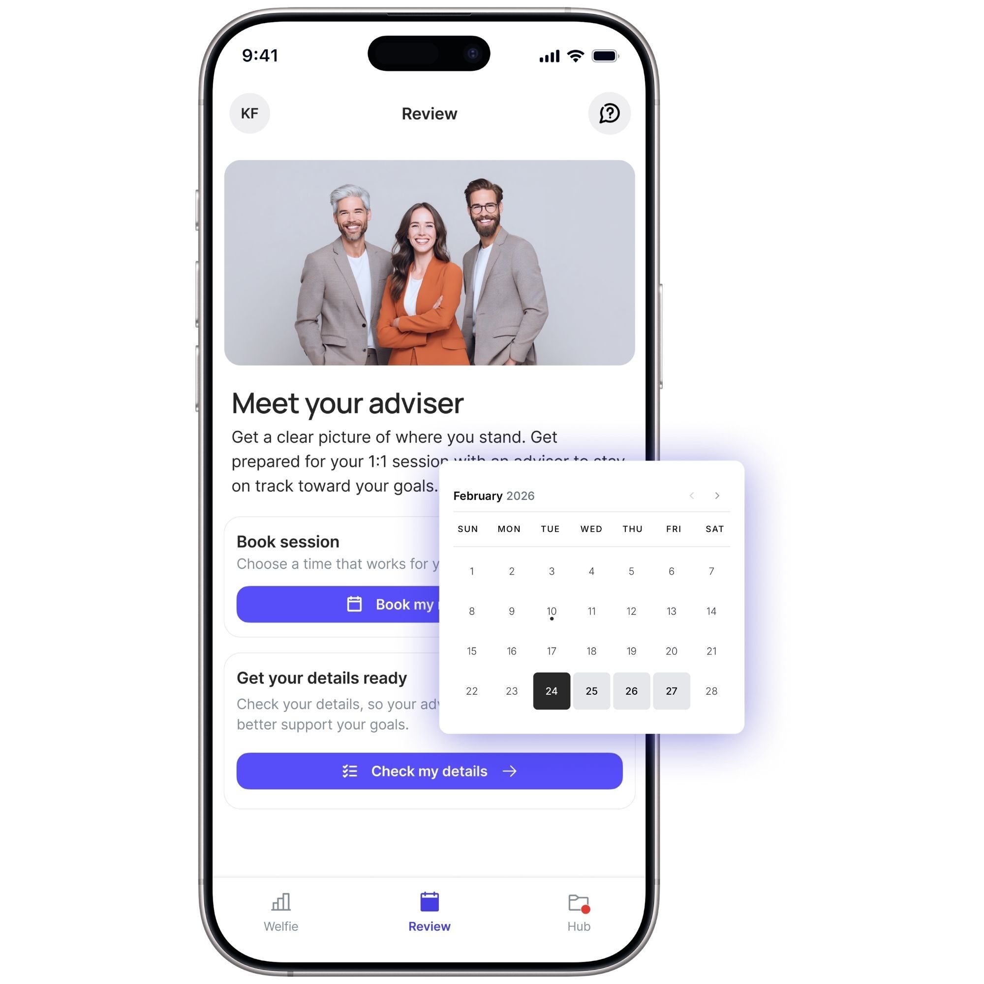 Welfie In App appointment booking screen 